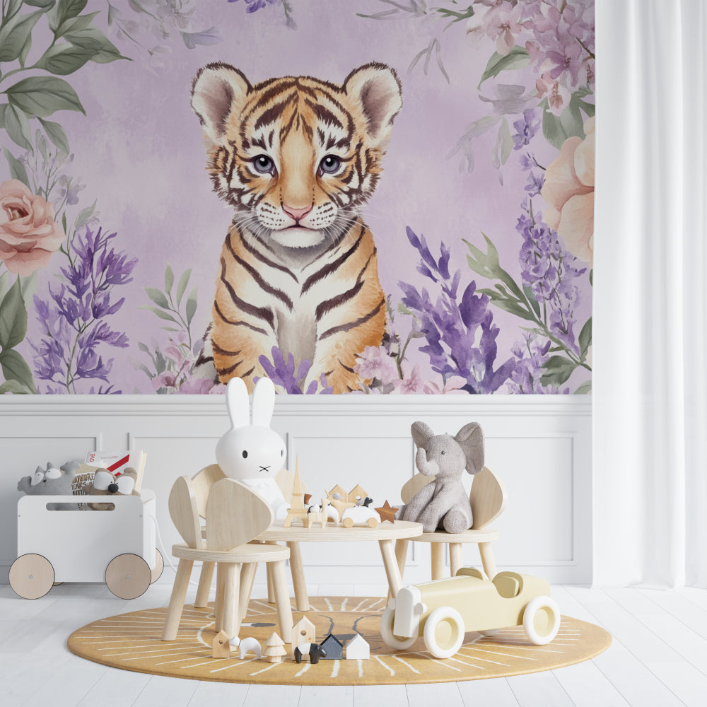 Nursery tiger wallpaper showcased in a minimalist children's room