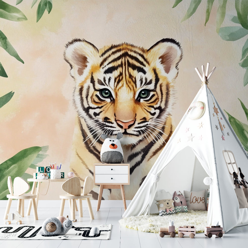 Jungle tiger mural bringing warmth to reading nook corner