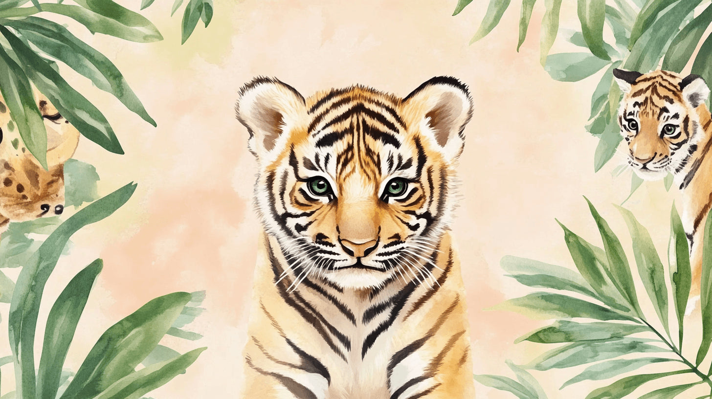 Baby tiger with tropical leaves design file showing watercolor details and pattern