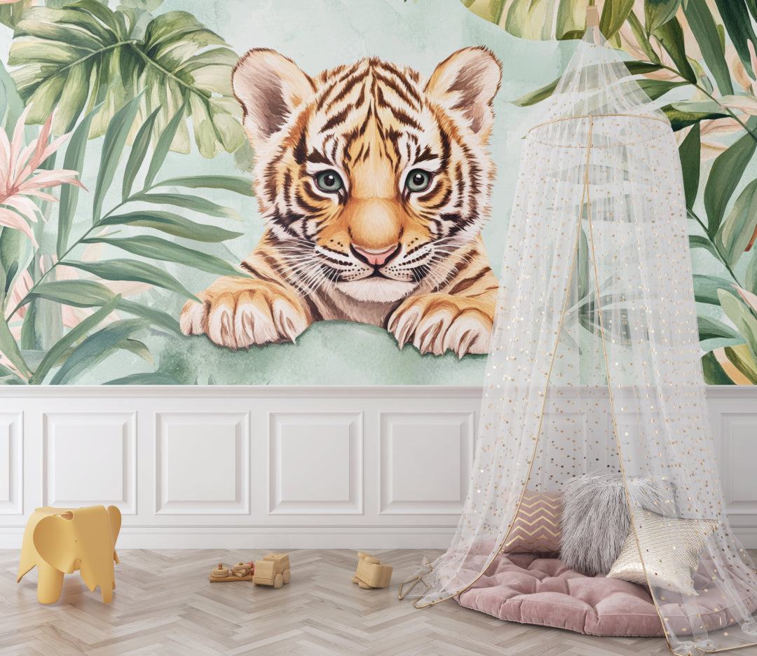 Tiger cub wall mural bringing jungle charm to a cozy children's reading nook