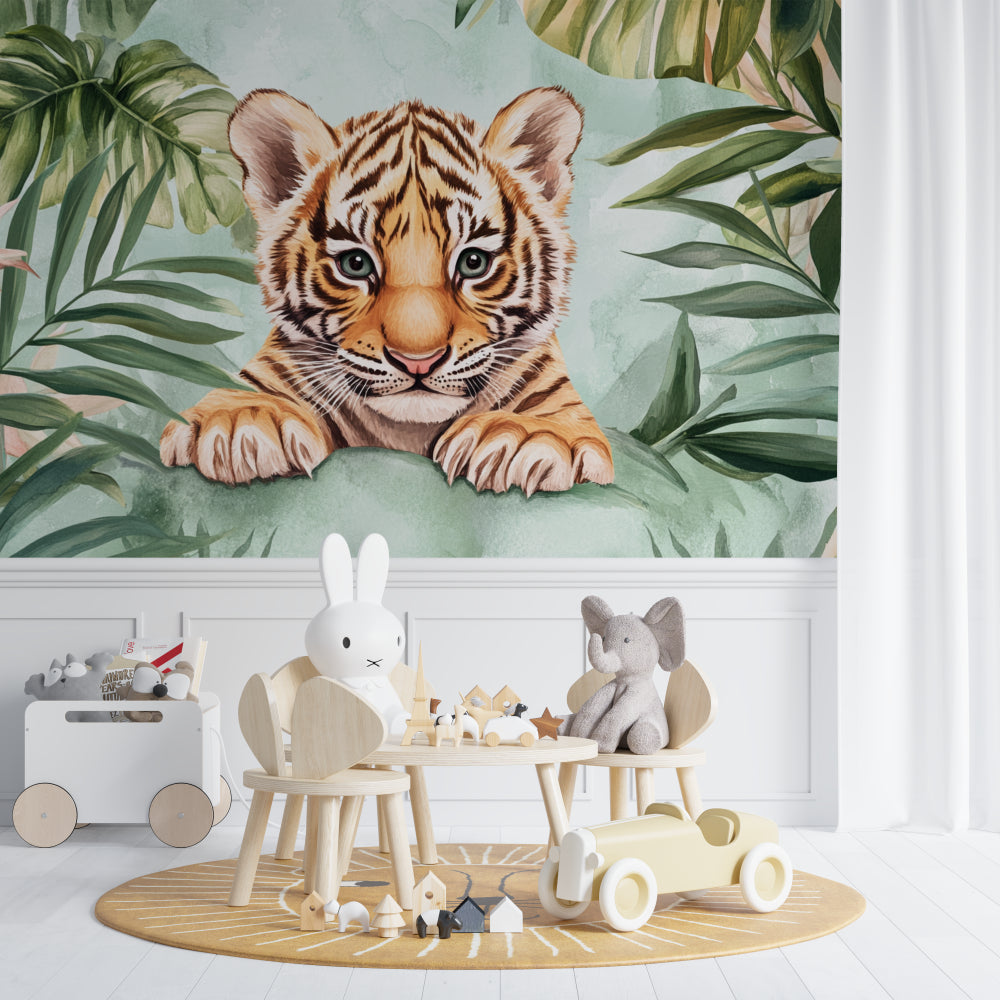Tropical tiger wallpaper transforming a playroom into an adventure zone