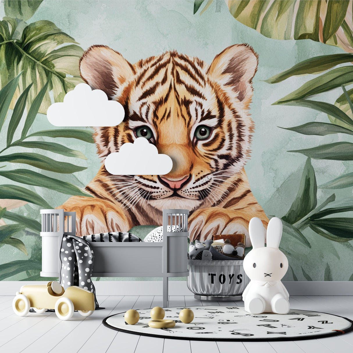 Baby tiger mural adding character to a kid's bedroom with matching decor