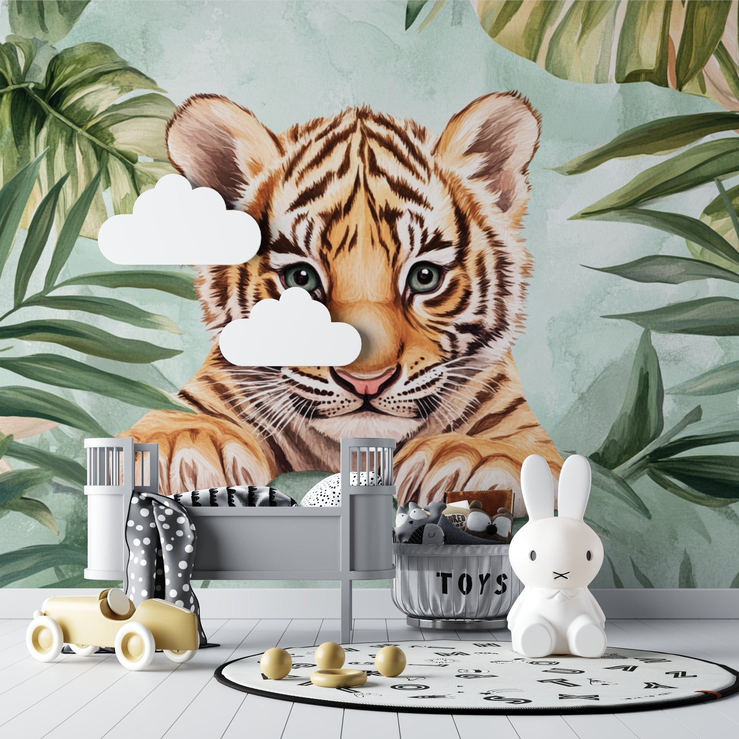 Baby tiger mural adding character to a kid's bedroom with matching decor