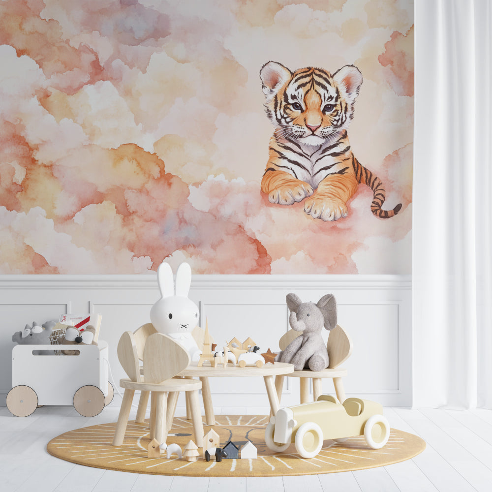 Baby tiger wallpaper bringing charm to playroom with soft toys and reading nook
