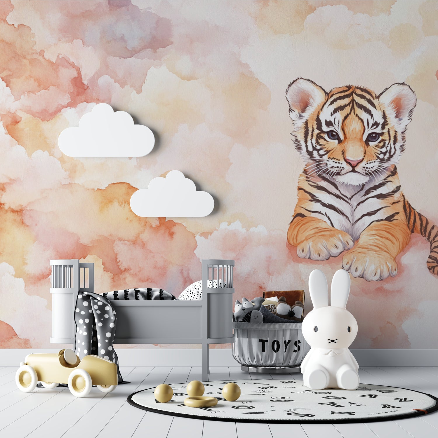 Watercolor tiger mural creating focal point in gender-neutral bedroom setup