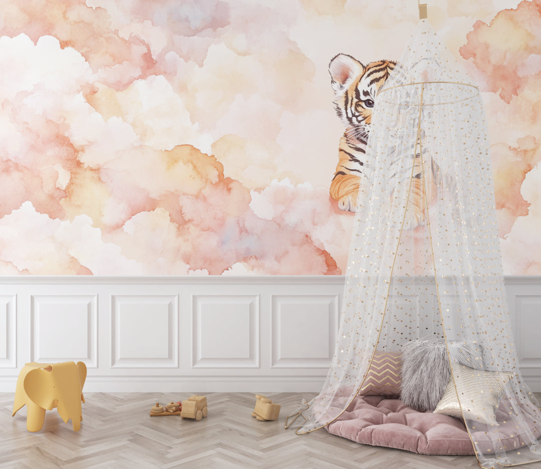 Tiger cub wallpaper installation in cozy kid's room with natural lighting