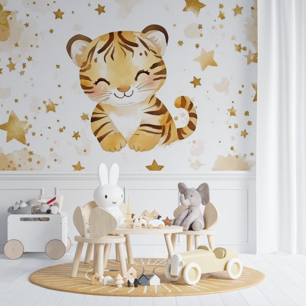Baby Tiger Wallpaper creating a cozy reading nook in a white nursery