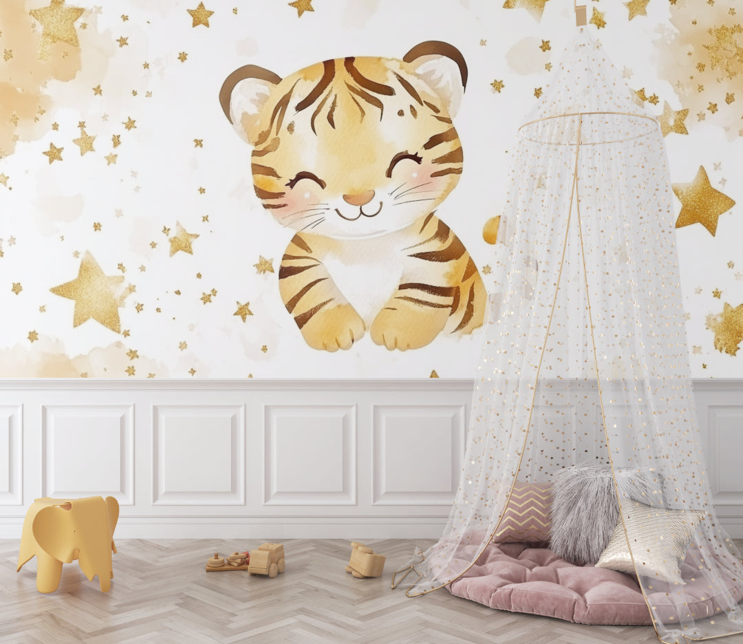 Nursery Tiger Wallpaper displayed in a gender-neutral baby room with natural decor