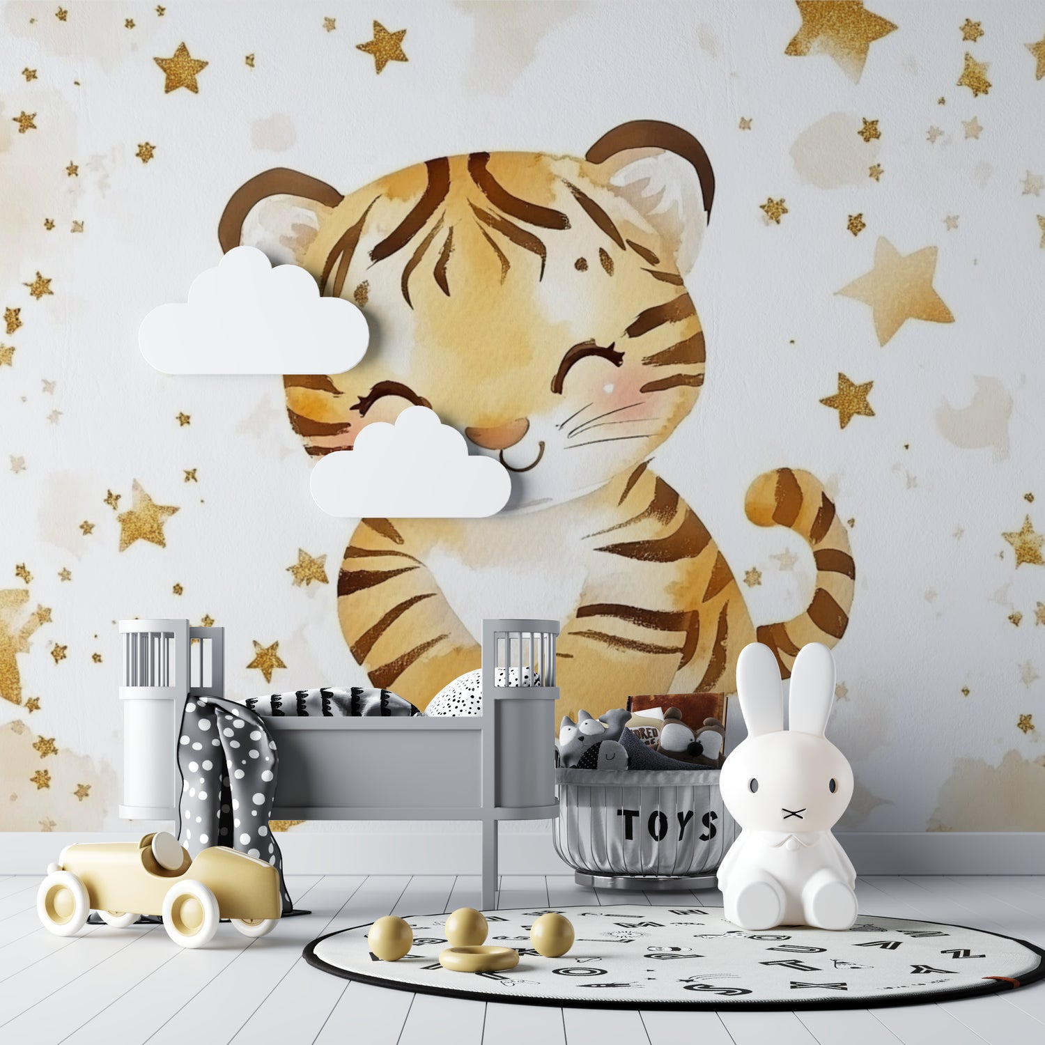 Tiger Star Wallpaper bringing warmth to a minimalist nursery setting
