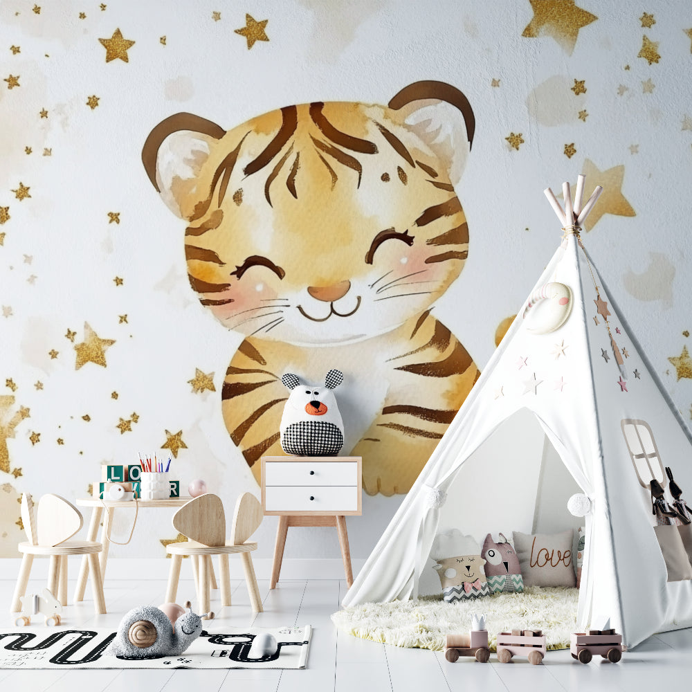 Golden Star Tiger Wallpaper styled in a Scandinavian children's bedroom