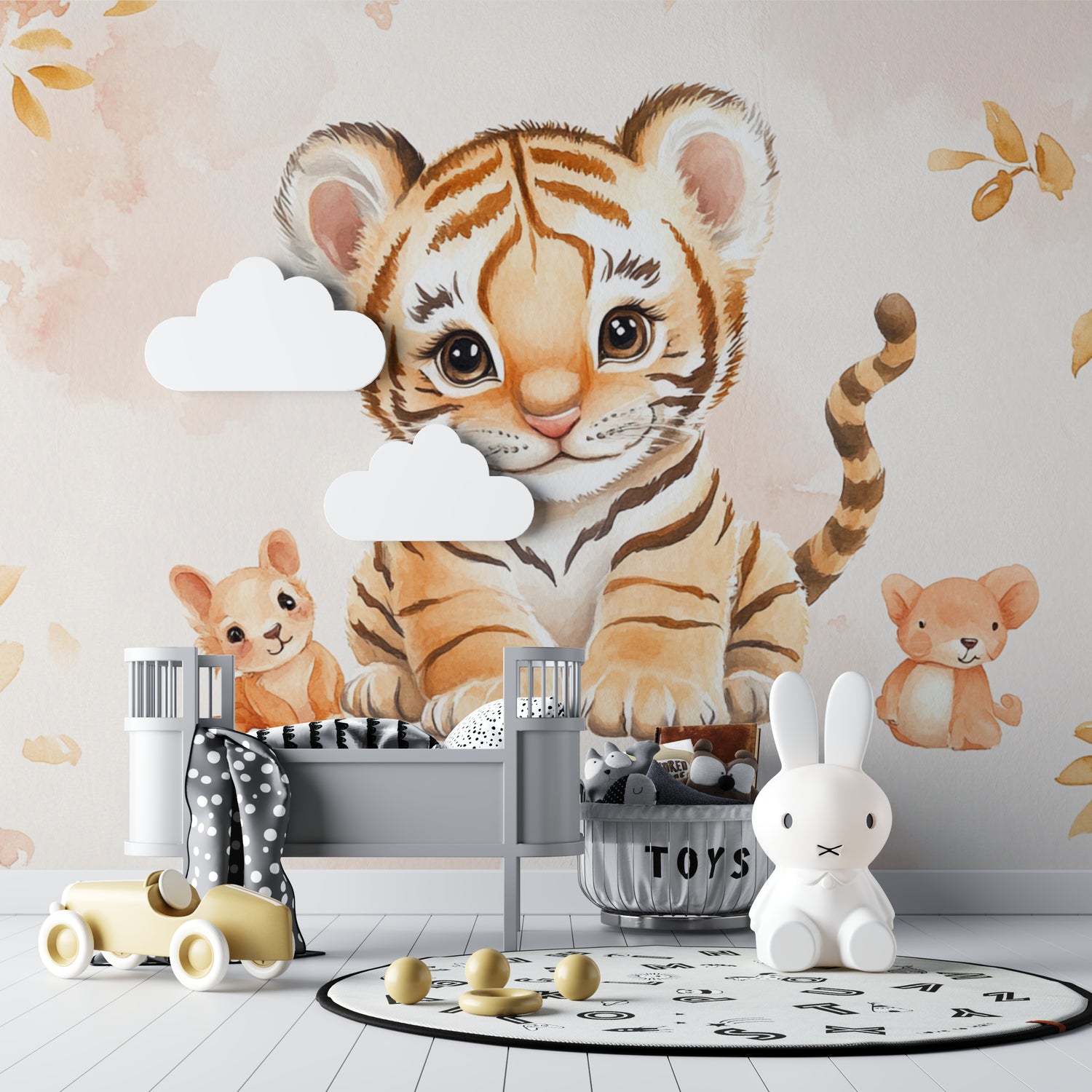 Safari Tiger Wallpaper Mural creating a peaceful atmosphere in a baby's room