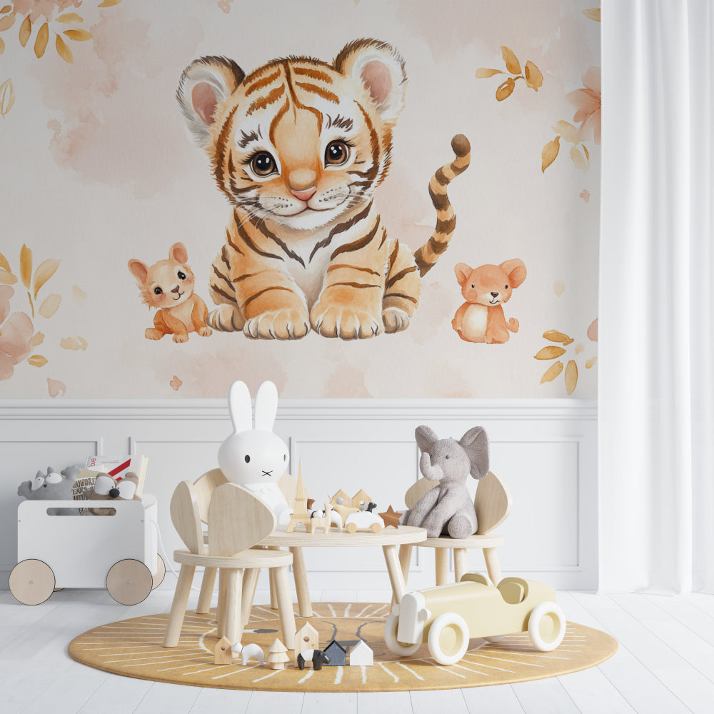 Watercolor Tiger Nursery Wallpaper in a modern playroom setting