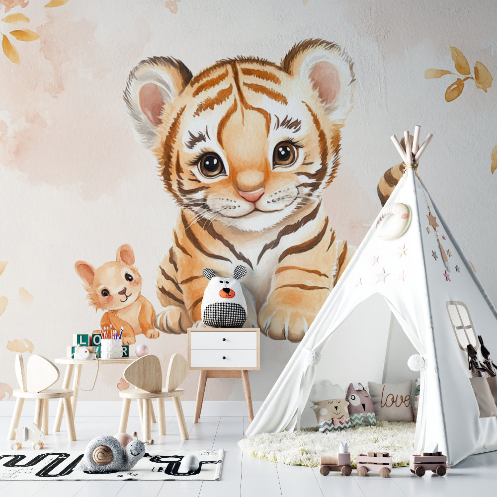 Tiger Cub Wallpaper creating a warm accent wall in a toddler's bedroom