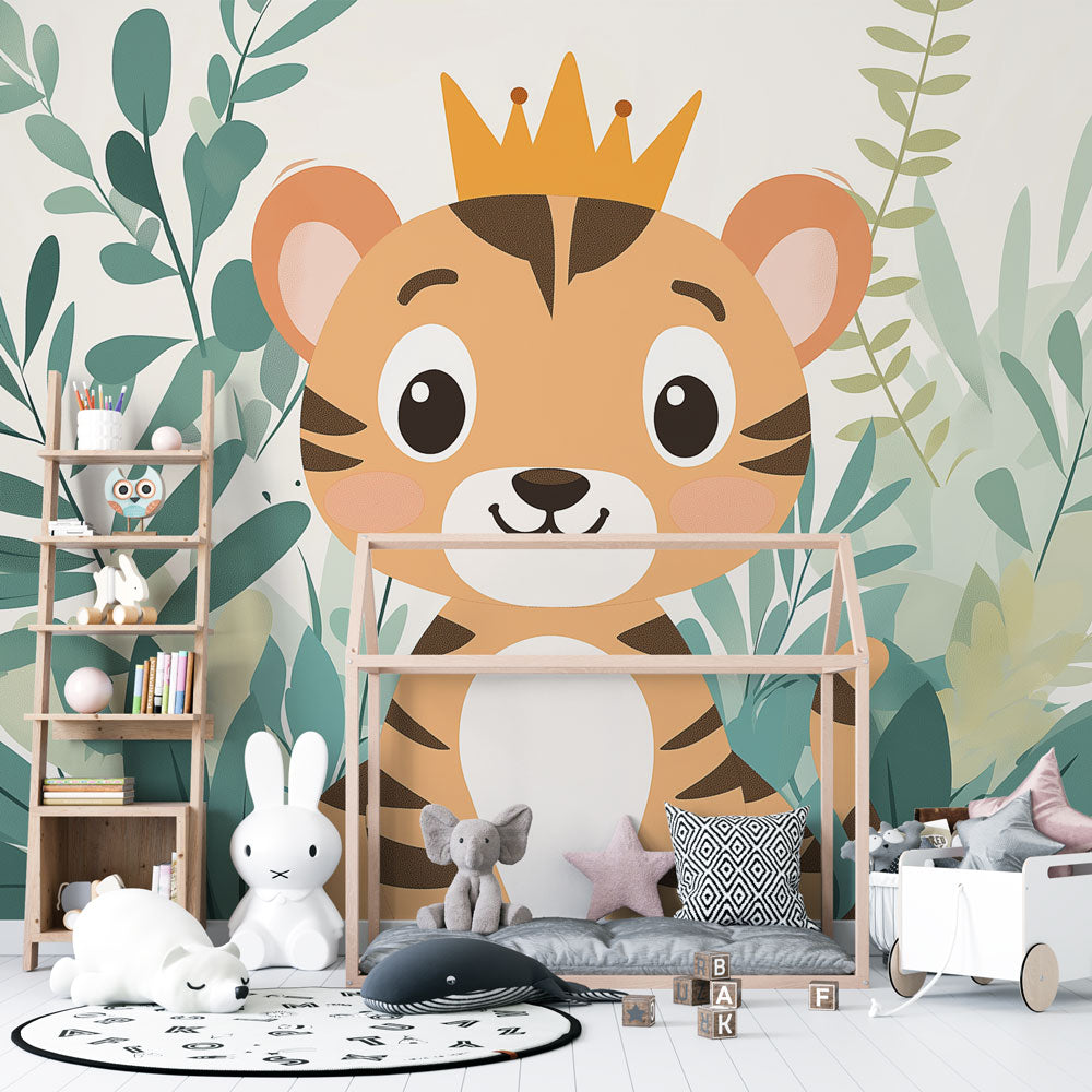 Tiger cub wallpaper mural in a bright nursery with white furniture, showing how the gentle design creates a calming atmosphere