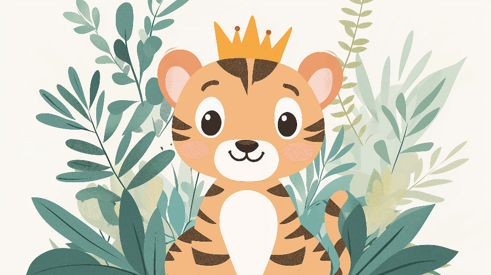 Tiger cub design file showing detailed crowned tiger pattern with jungle leaves and soft color palette