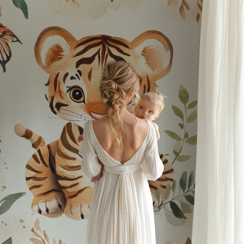 Tiger nursery wallpaper in modern white nursery with wooden crib and soft lighting