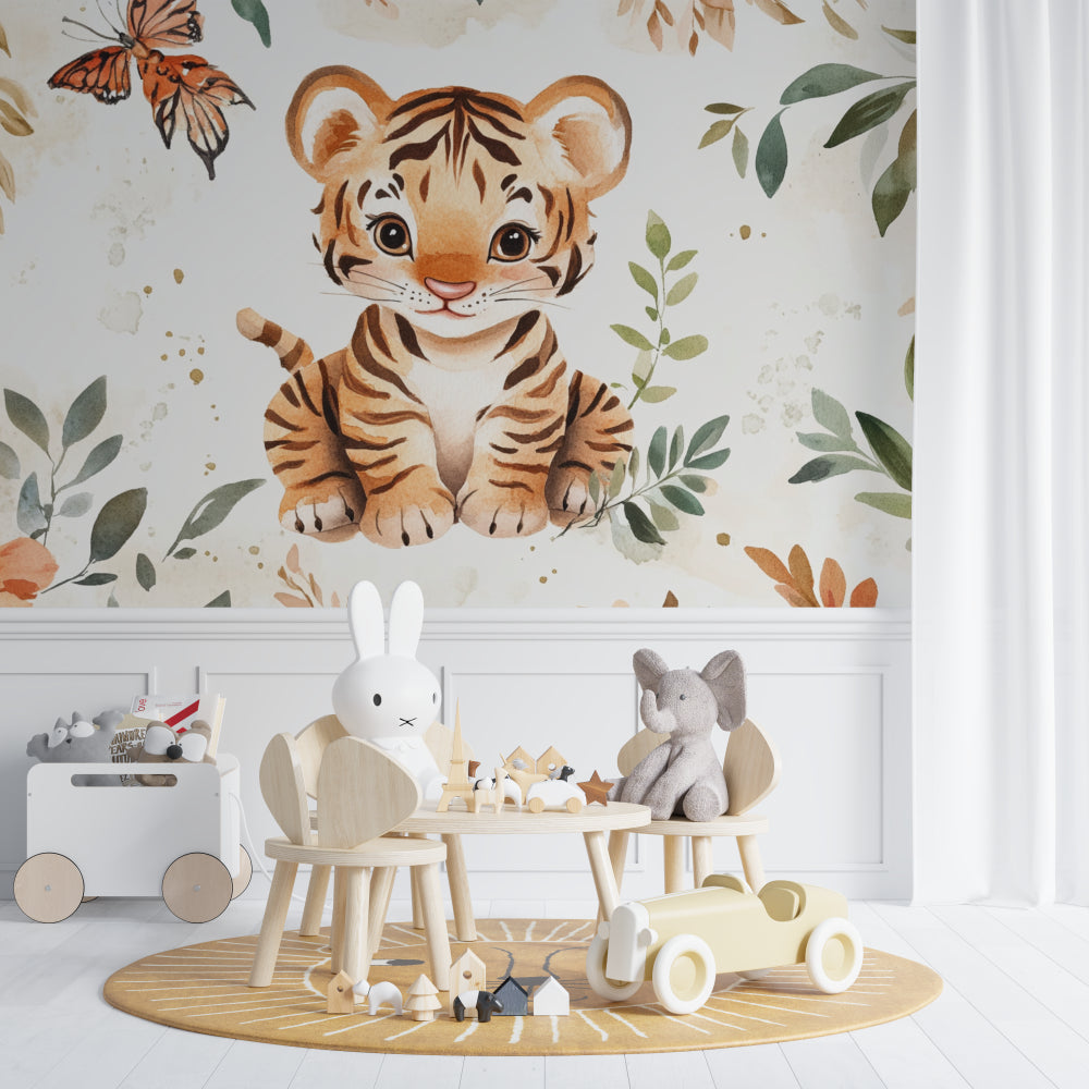 Baby tiger wallpaper creating cozy reading nook in children's bedroom
