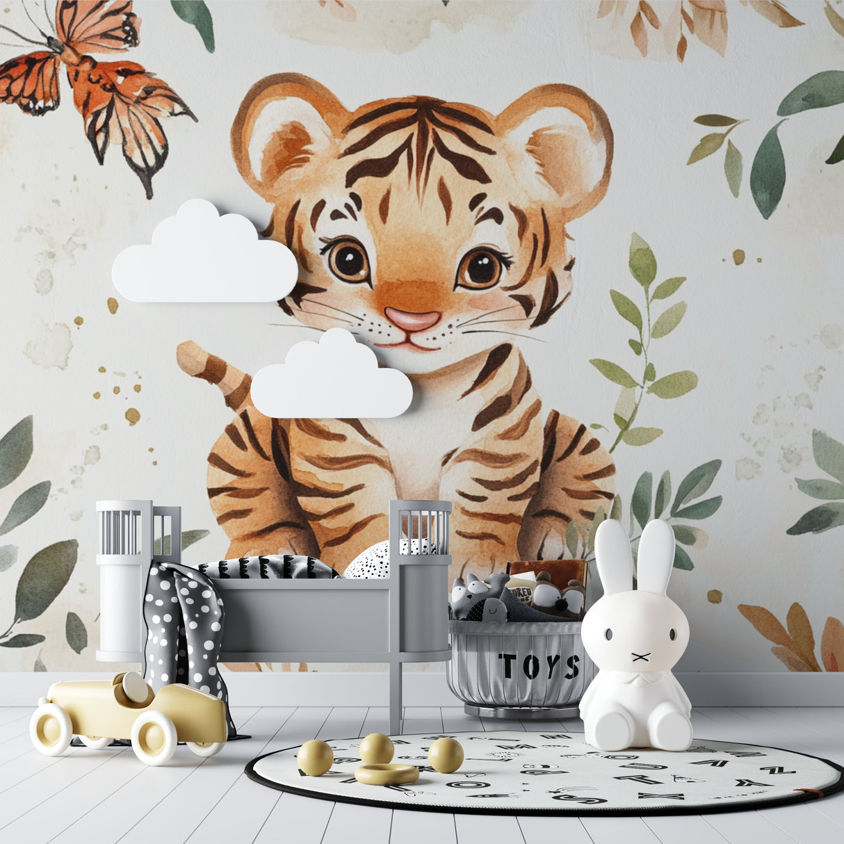 Tiger cub wallpaper in modern kids room with minimalist furniture