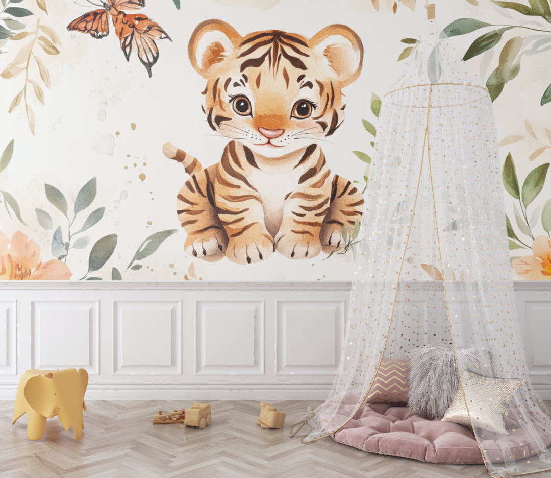 Cute tiger mural in baby nursery with rocking chair and soft textiles
