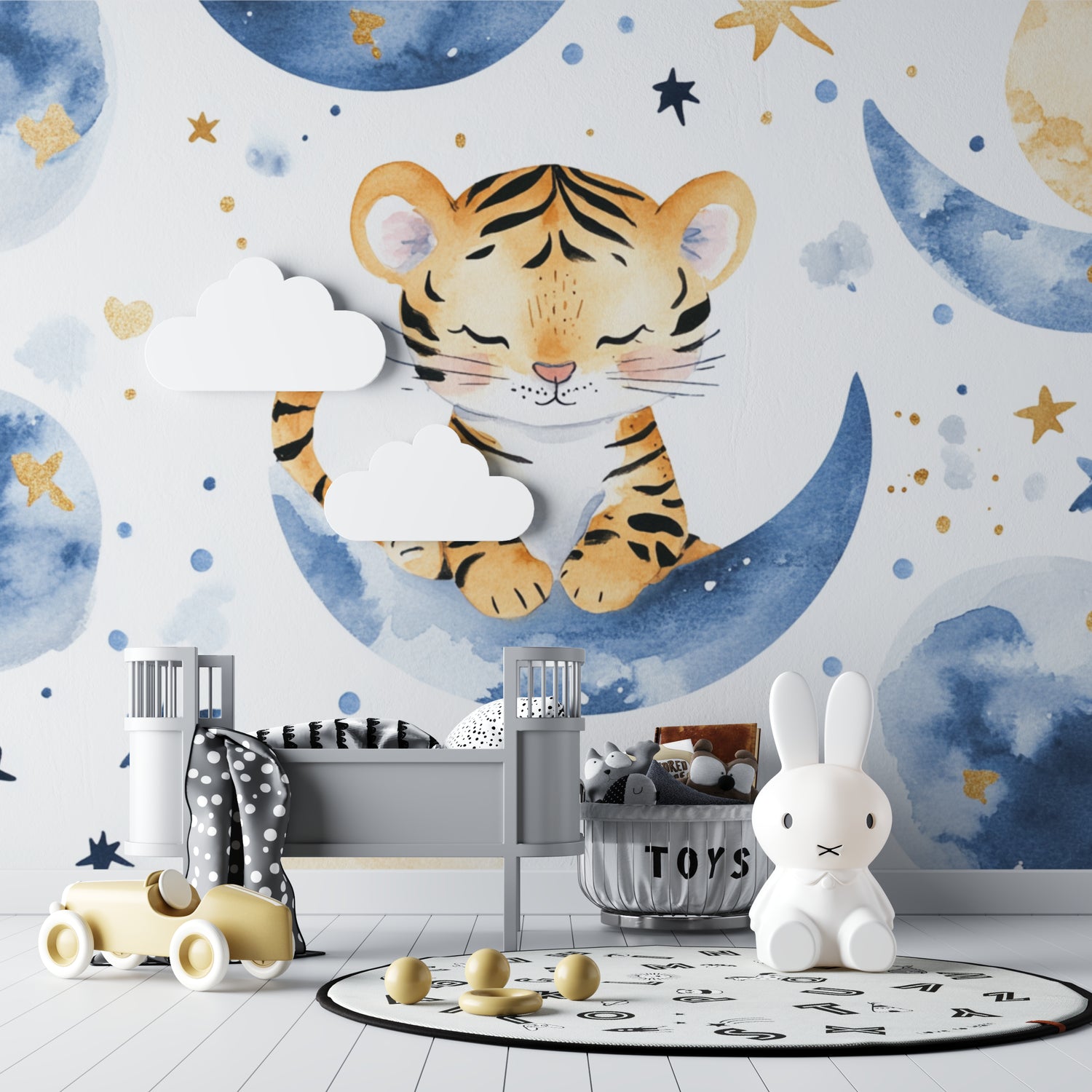 Tiger wall mural creating magic in a toddler's bedroom with modern furniture