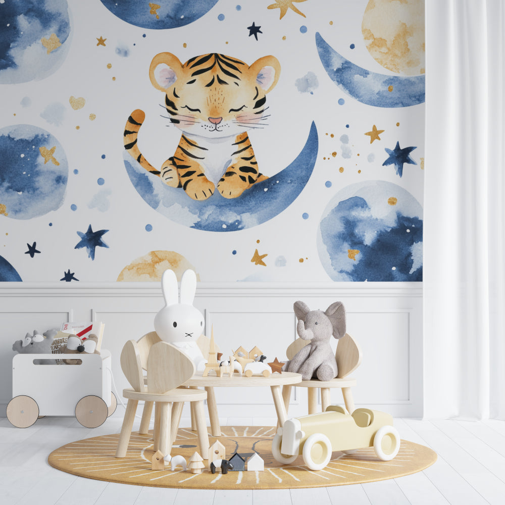 Night sky tiger wallpaper brightening a child's reading nook