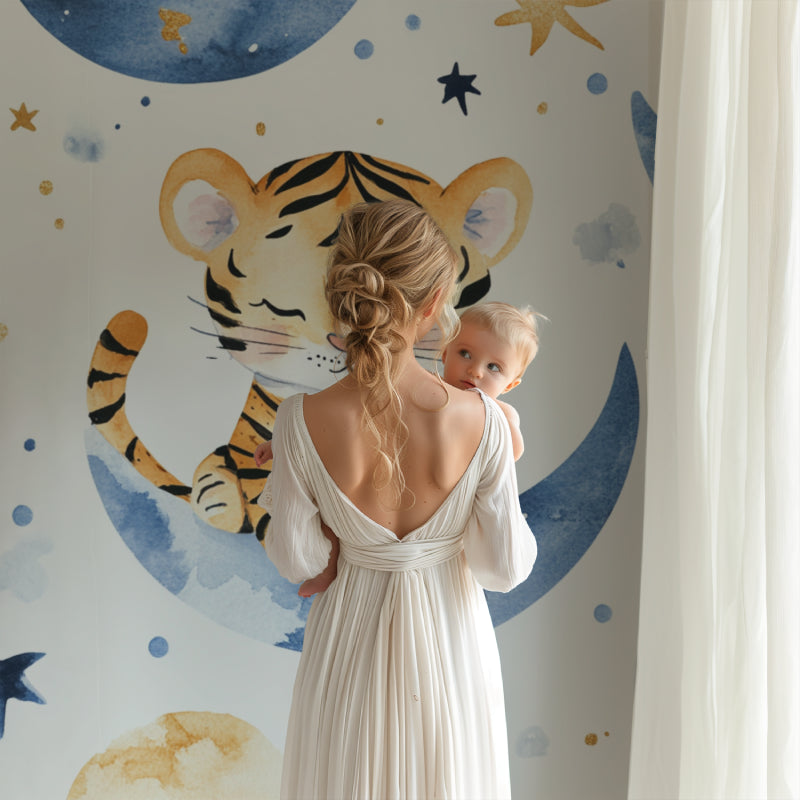 Baby tiger wallpaper in a modern nursery with golden accents