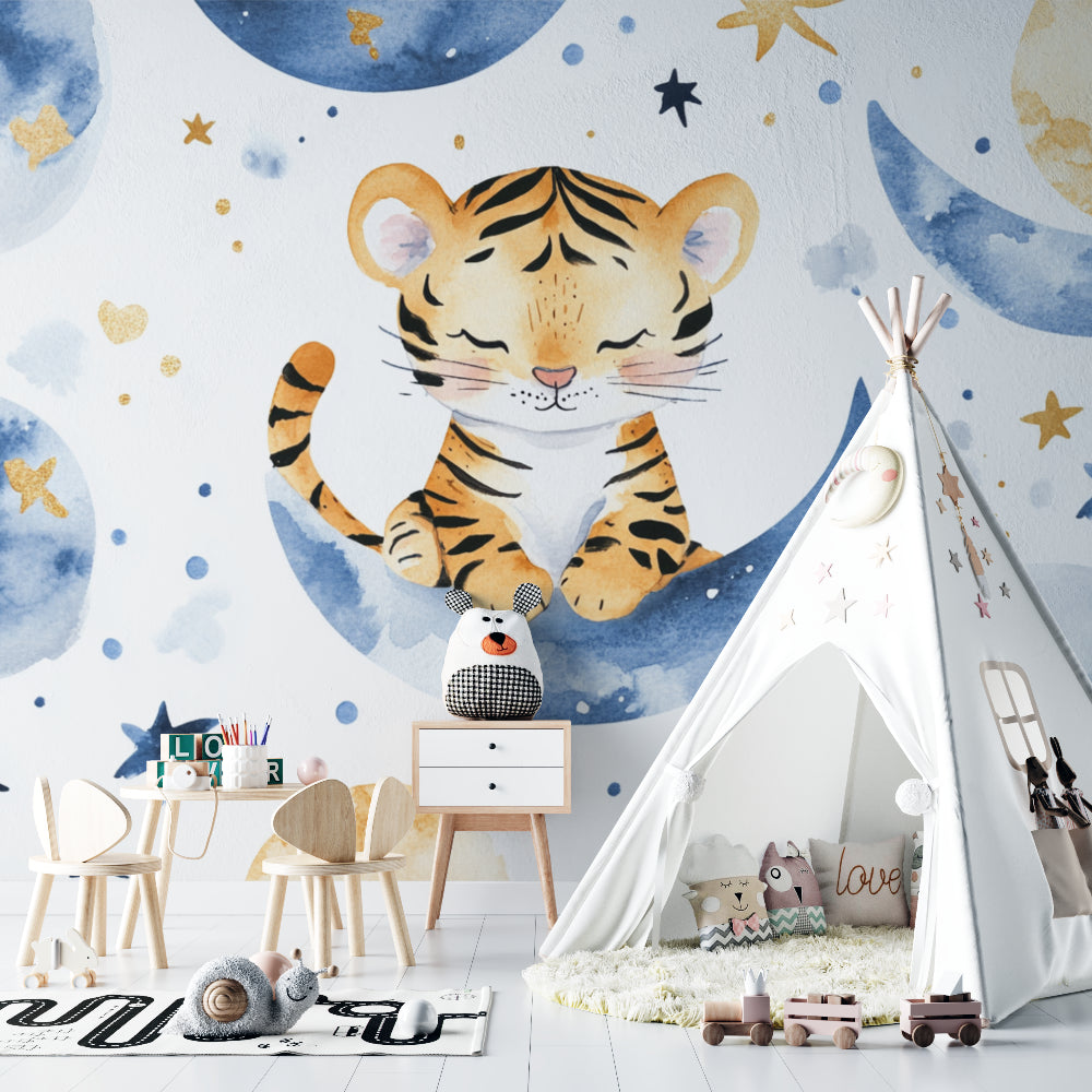Tiger and moon mural styled in a contemporary kids bedroom