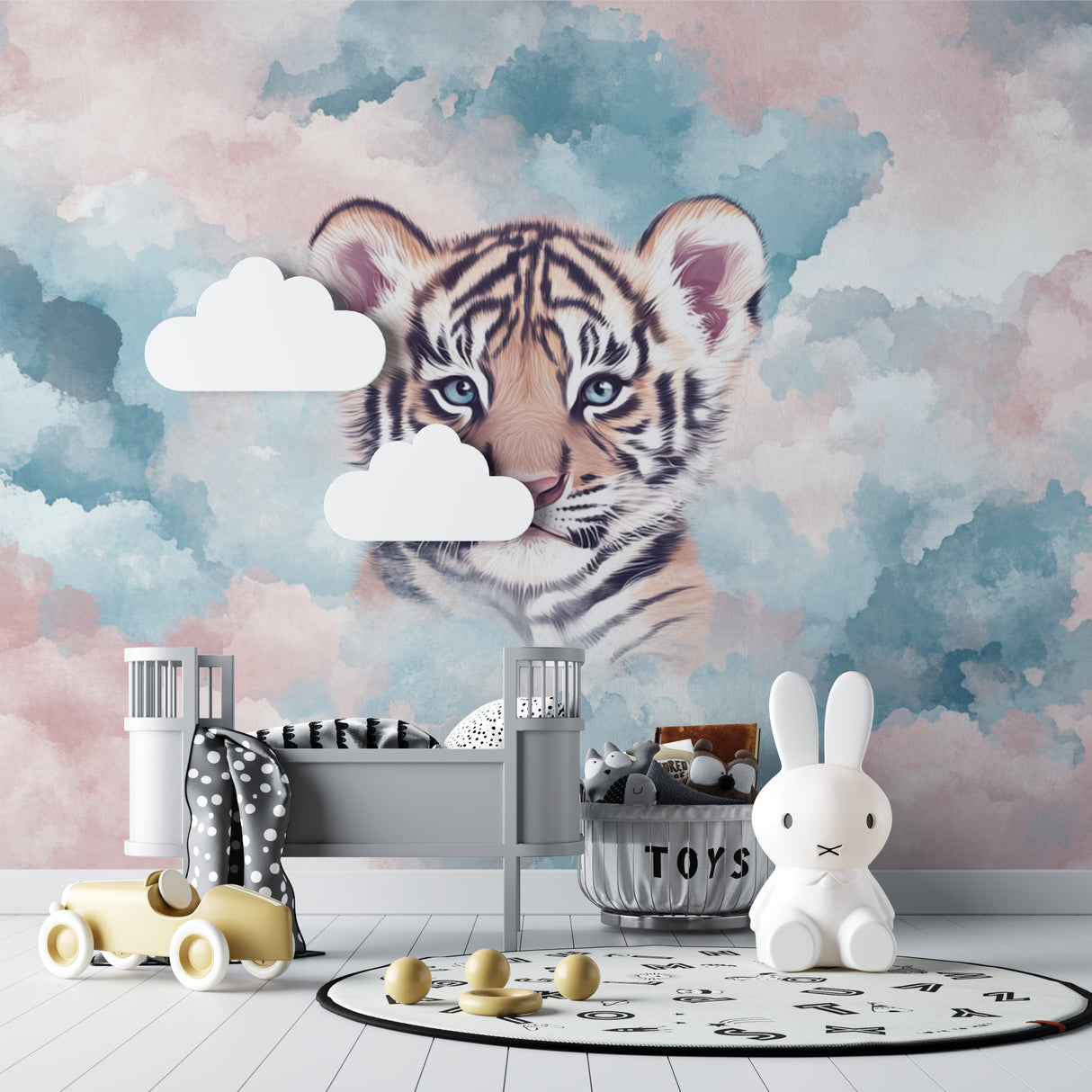 Playroom setup with tiger mural wallpaper creating a peaceful reading corner