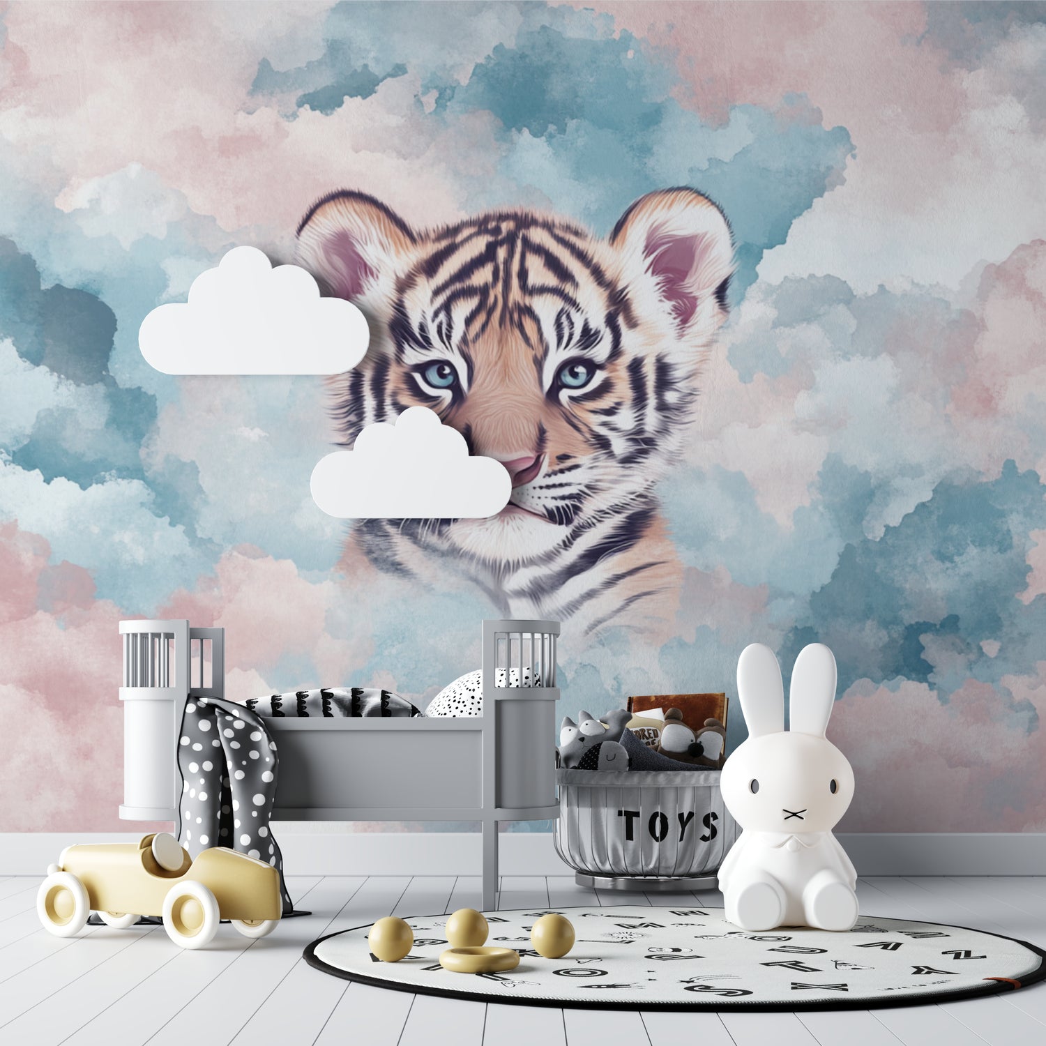 Playroom setup with tiger mural wallpaper creating a peaceful reading corner