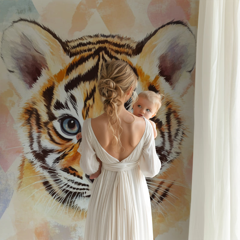 Tiger Wall Mural bringing character to a minimalist bedroom with geometric decor
