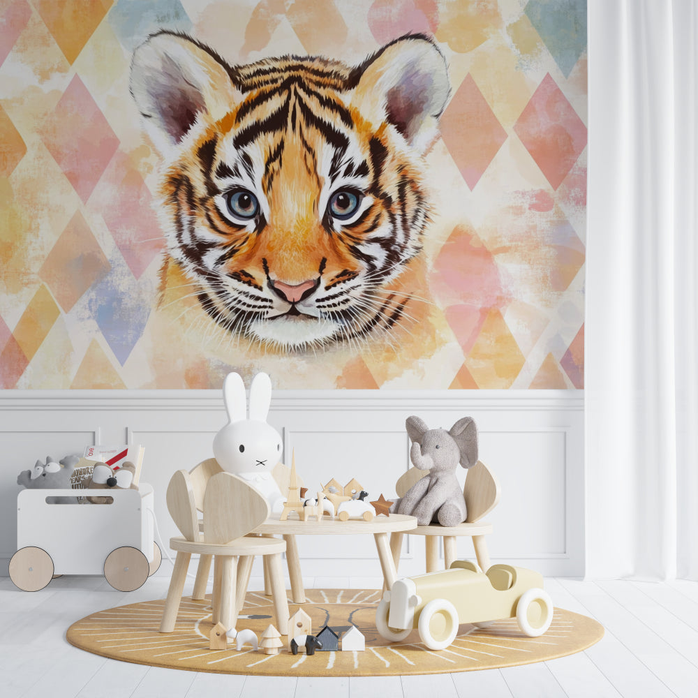 Modern Tiger Wall Art transforming a nursery with its gentle pastel geometric pattern
