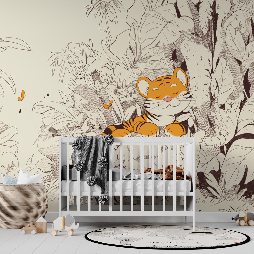 Baby Tiger Line Art Wallpaper creating a sweet and calm atmosphere in a modern nursery with white furniture