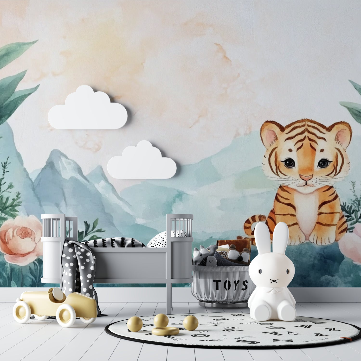 Tiger cub mountain mural displayed in child's reading nook with cozy chair