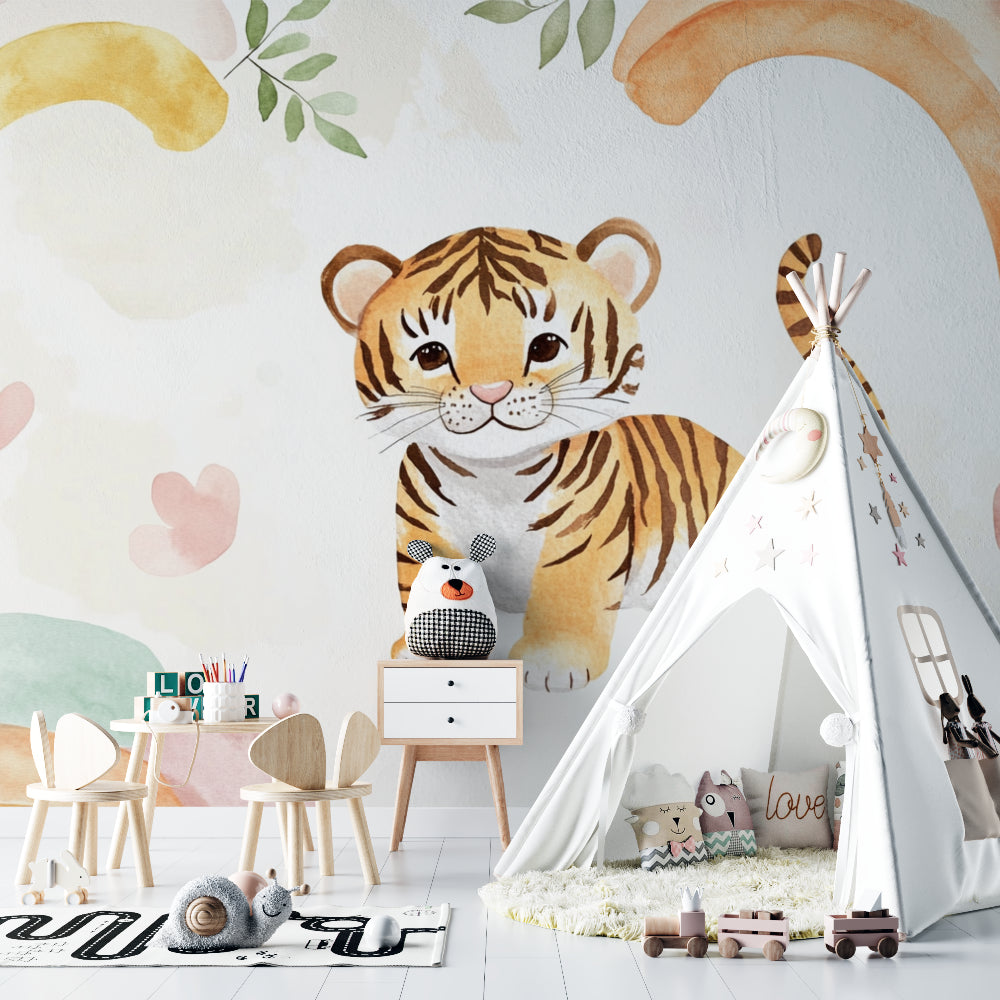 Baby tiger wallpaper creating a cozy atmosphere in a modern nursery with soft lighting