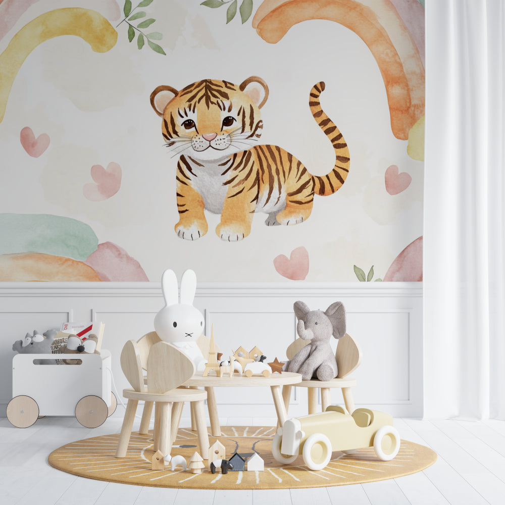 Sweet tiger mural wallpaper bringing charm to a toddler's bedroom with natural daylight