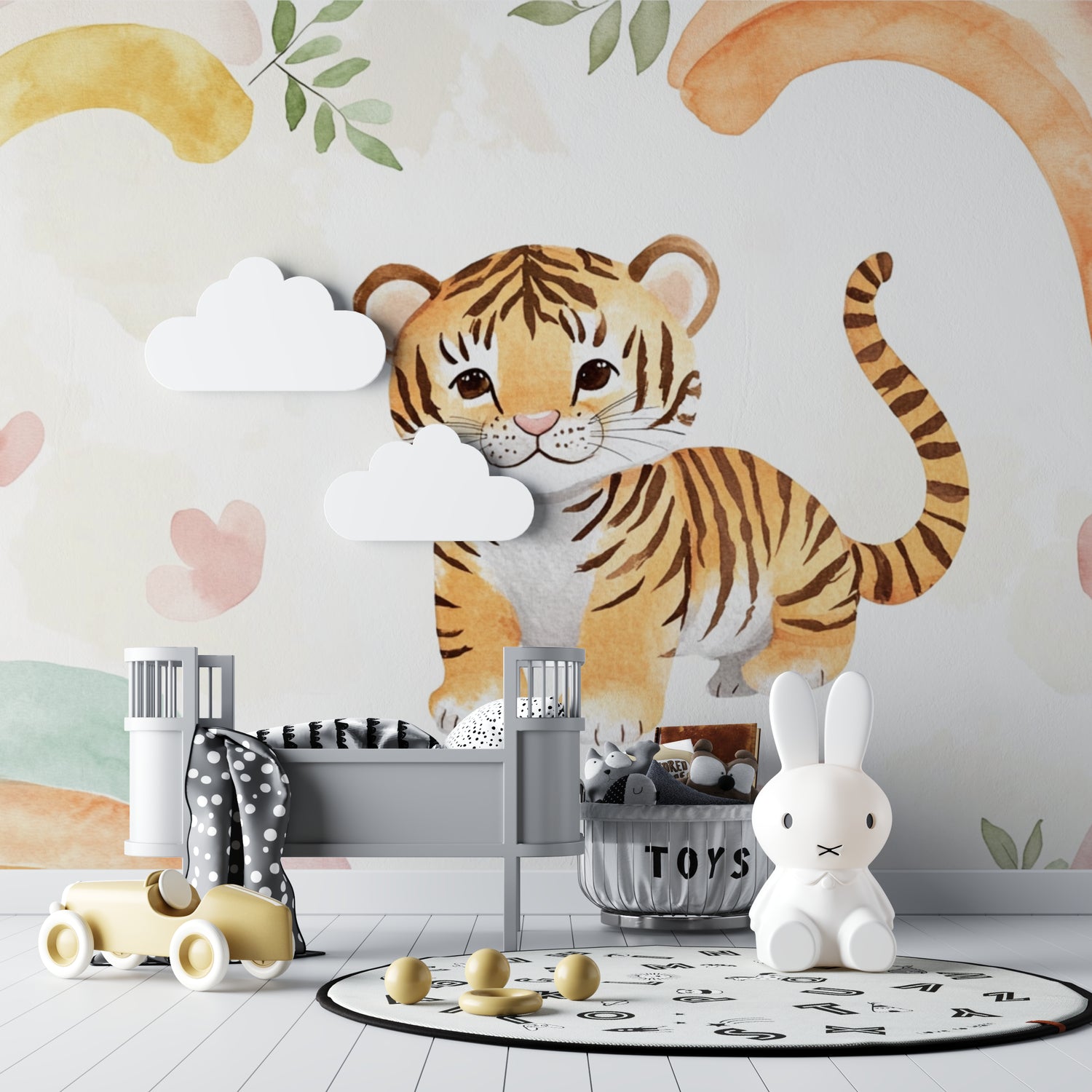 Pastel tiger wall mural brightening up a playroom with gentle colors