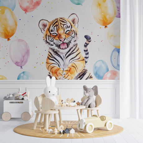 Baby Tiger Wallpaper in bright nursery with white furniture showing playful design and floating balloons