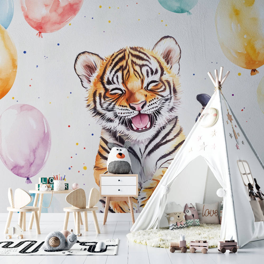 Cheerful Tiger Wallpaper in children's playroom with reading nook and toy storage