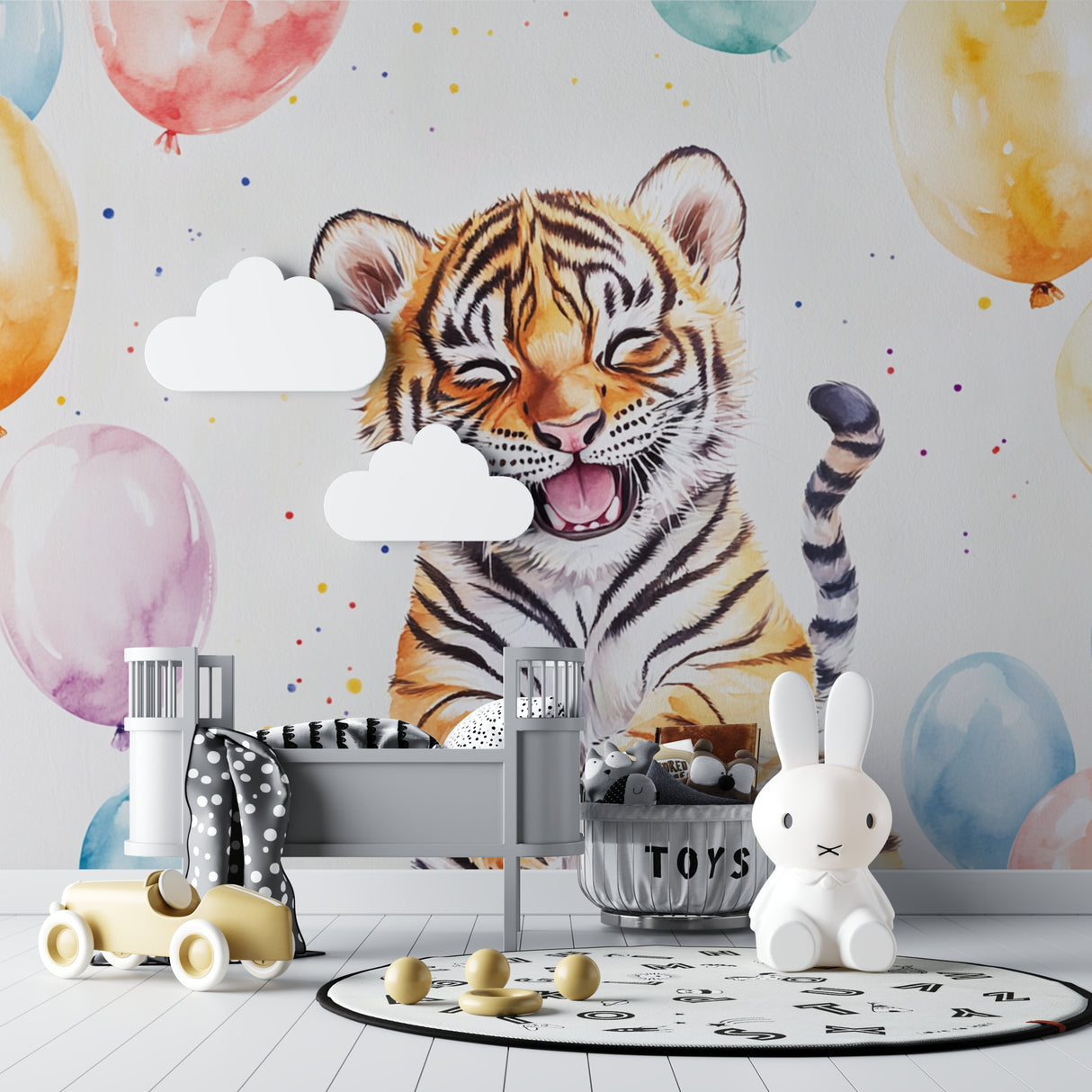Tiger Wallpaper installation in baby room showing full wall coverage and balloon details