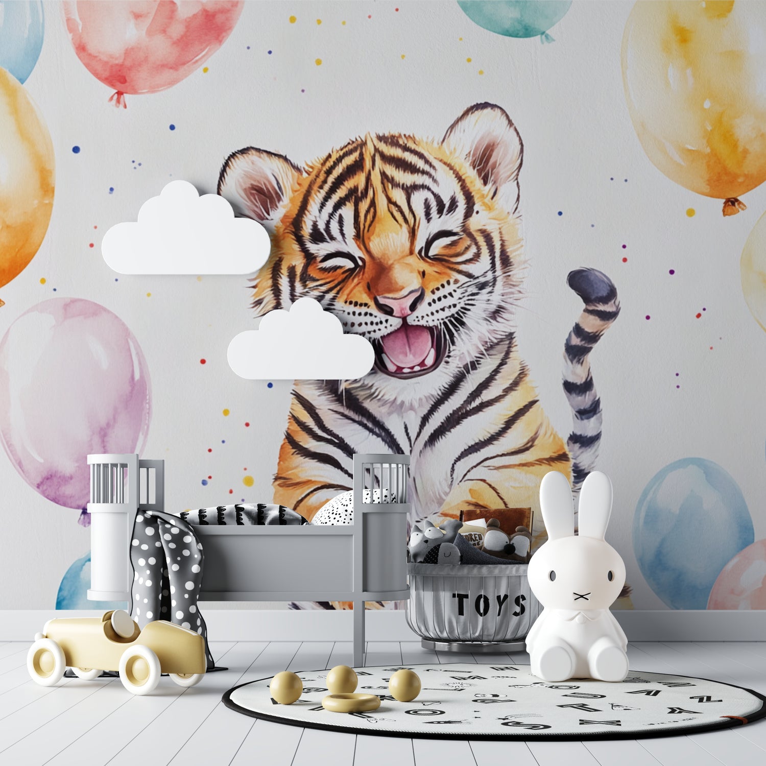 Tiger Wallpaper installation in baby room showing full wall coverage and balloon details
