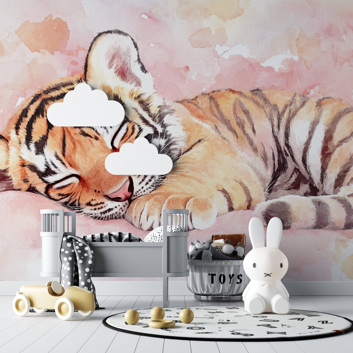 Watercolor tiger wallpaper making a statement in a minimalist living room