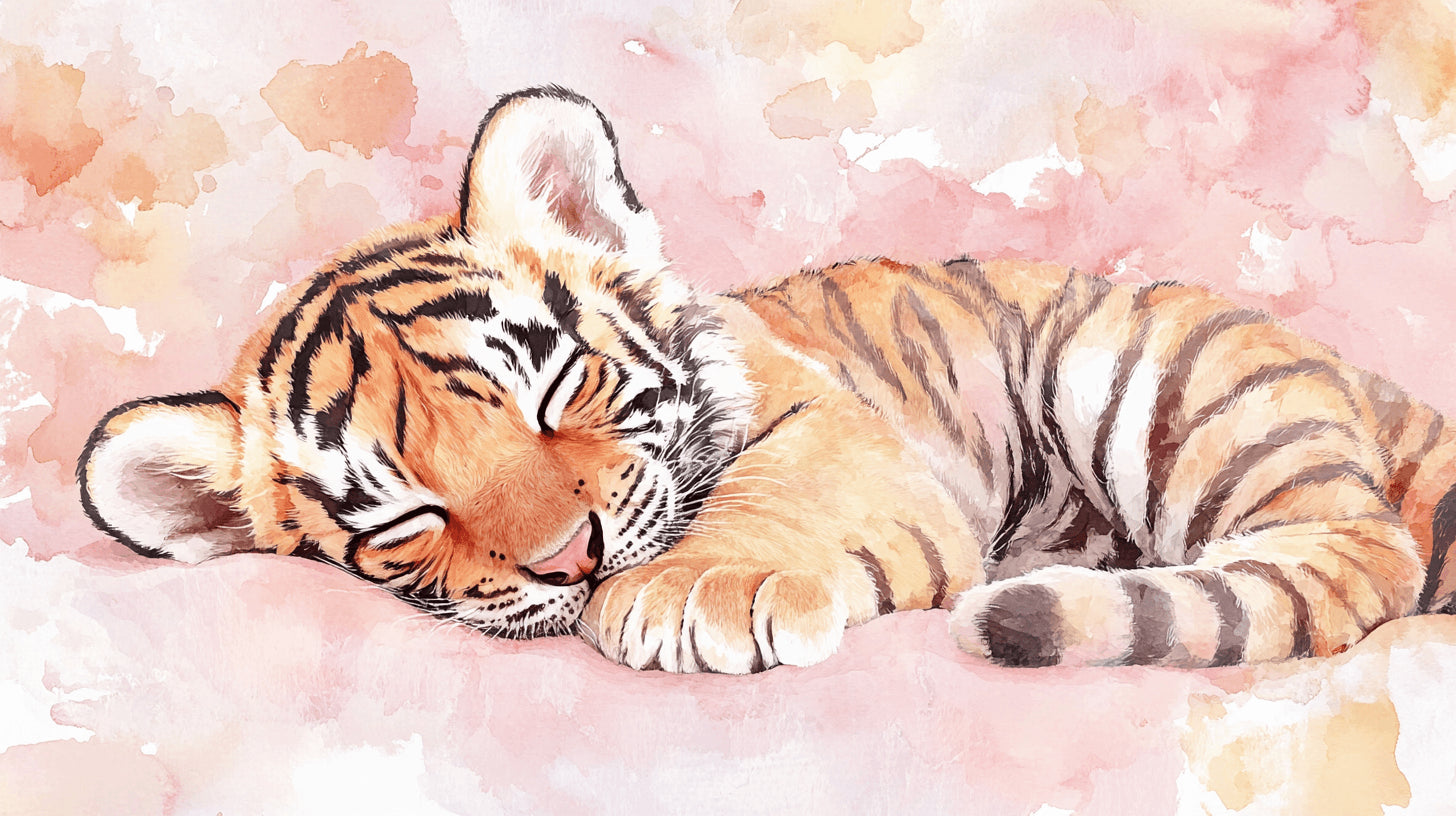 Sleeping tiger cub watercolor design file showing delicate brushstrokes and soft color palette