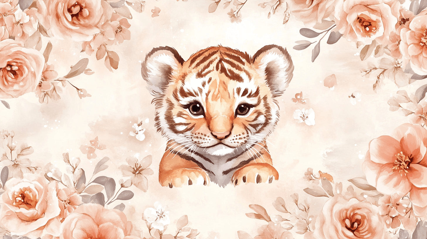 Baby tiger and peach roses design file showing intricate watercolor details and pattern layout
