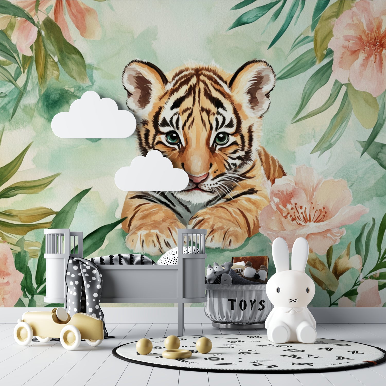 Watercolor tiger mural creating cozy reading corner in children's bedroom