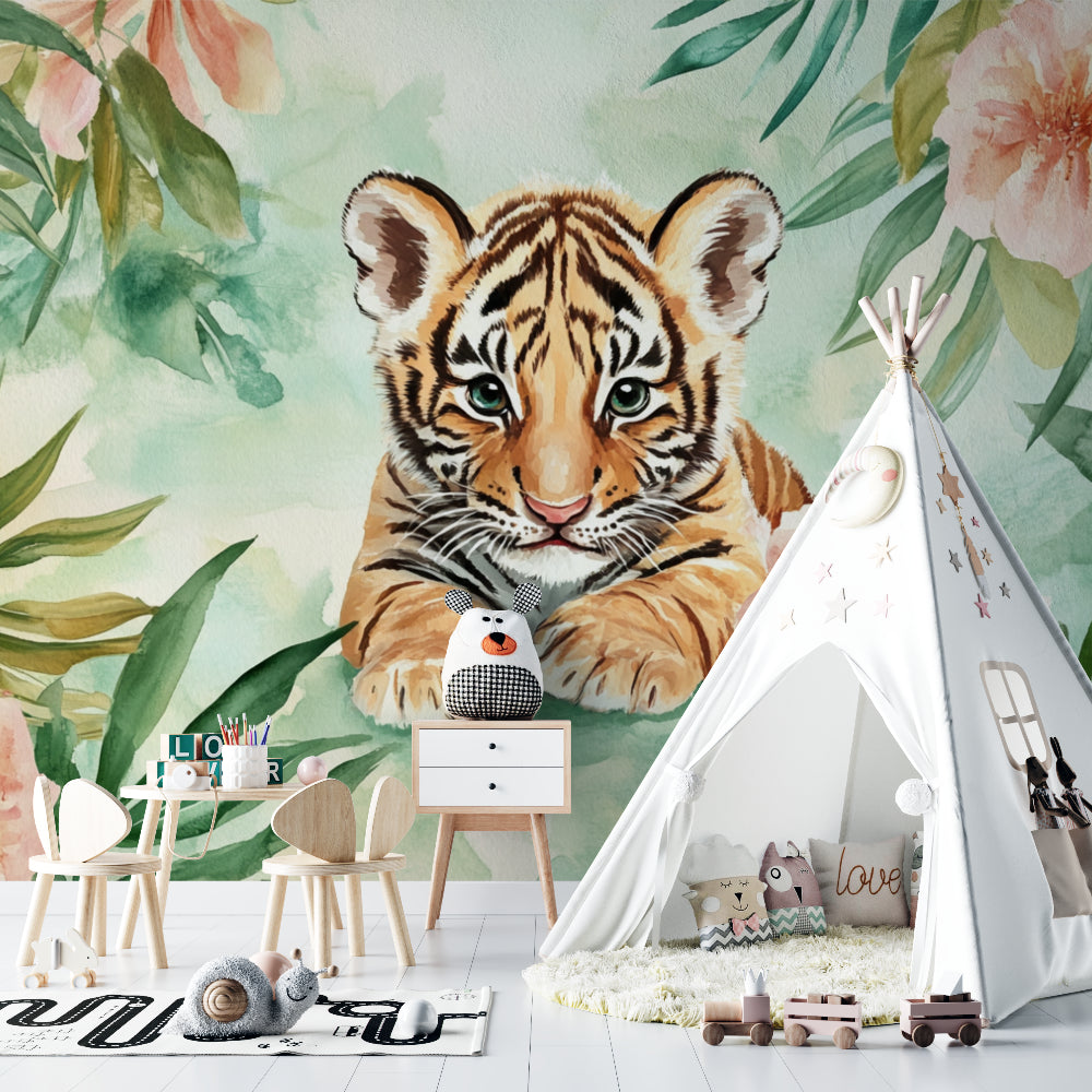 Floral tiger wallpaper bringing color to minimal Scandinavian playroom