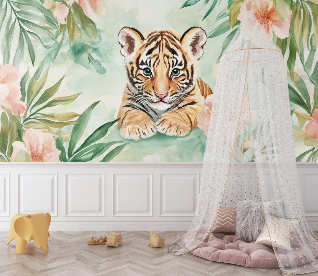 Tiger cub wallpaper transforming modern kids study area with soft colors