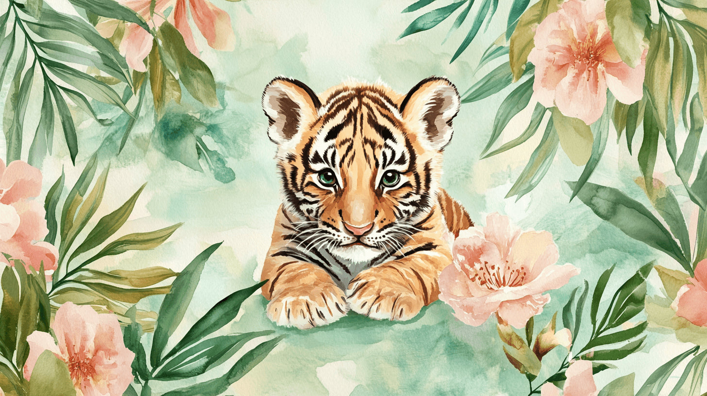 Tiger watercolor wallpaper design file showing detailed floral pattern and gentle pastel tones