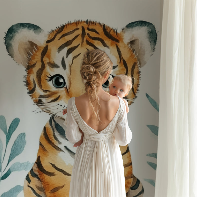 Baby Tiger Wallpaper bringing charm to a child's reading nook with cozy furniture