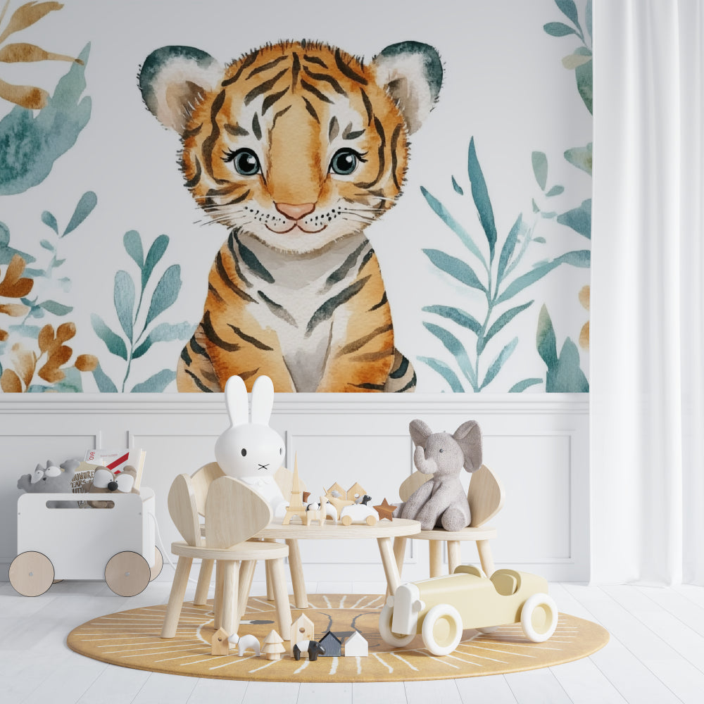 Watercolor Tiger Wallpaper installation in a baby's room with minimal decor