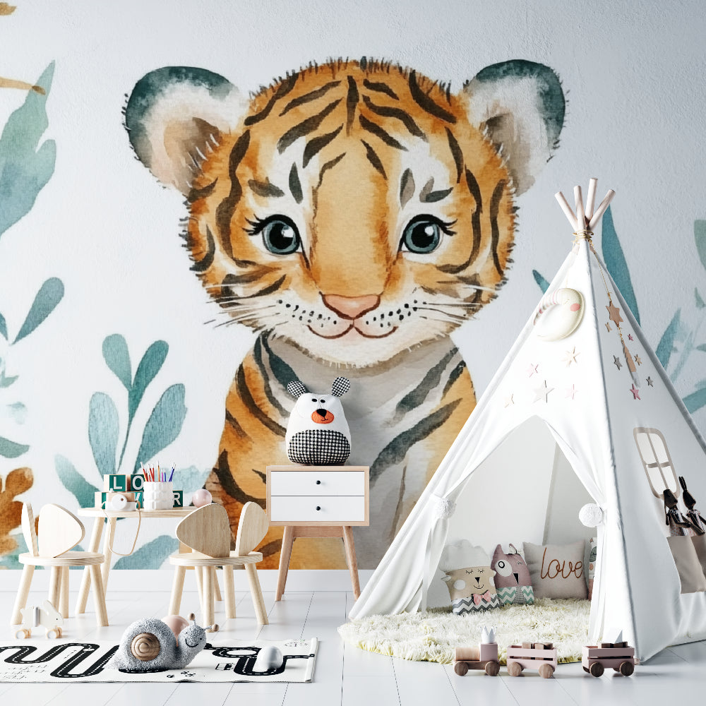 Tiger Cub Wall Mural showcased in a gender-neutral children's bedroom